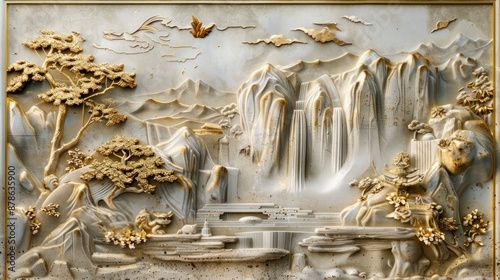 Volumetric stucco molding on a concrete wall with golden elements, a Japanese landscape,