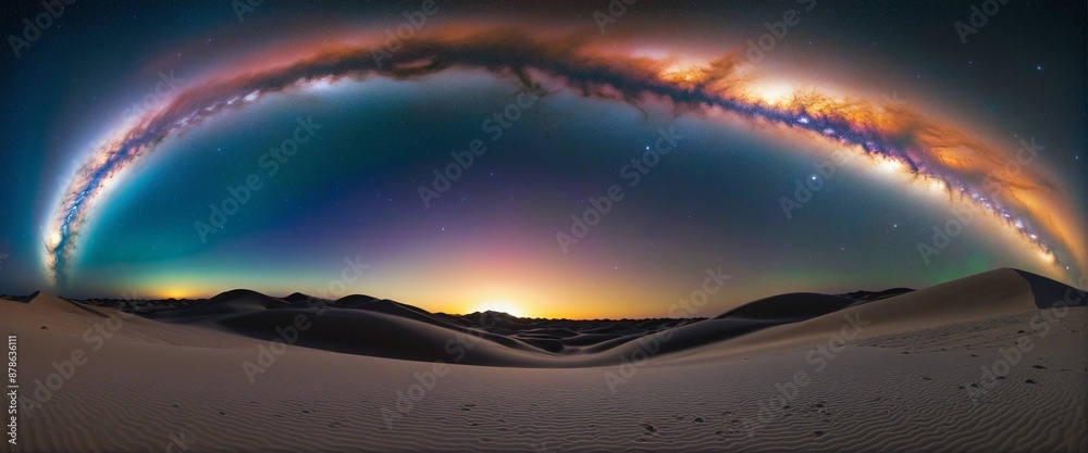 Astronomical Illustration of a Starry Sky with a Milky Way and Orange Glow over Desert Sand Dunes Astronomical Illustration of a Starry Sky with a Milky Way and Orange Glow over Desert Sand Dunes