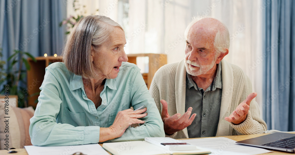 Home, table and elderly couple with documents in discussion for financial plan, insurance and bills. Tech, retirement and senior people with paper by laptop for healthcare debt, invoice and budgeting Home, table and elderly couple with documents in discussion for financial plan, insurance and bills. Tech, retirement and senior people with paper by laptop for healthcare debt, invoice and budgeting