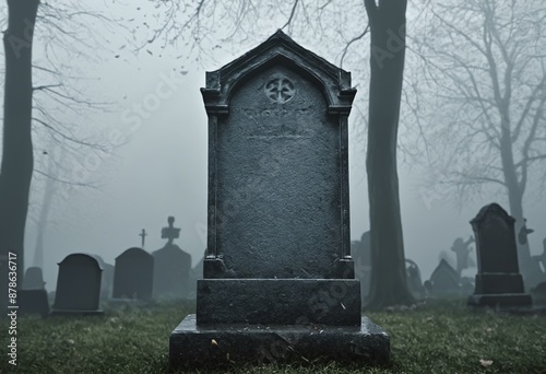 Close-up view of a nameless tombstone in a dark foggy graveyard photo