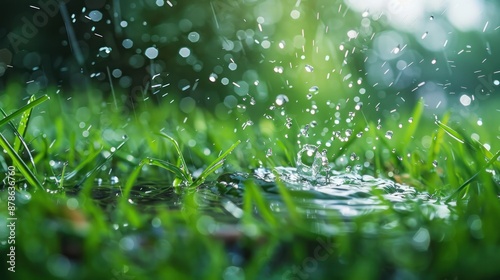 Water rain splash on green grass in nature background,