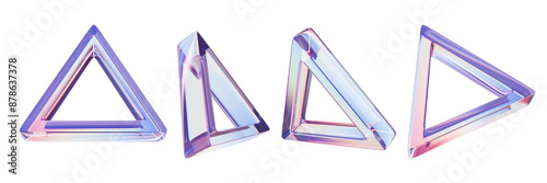 3D transparent triangle set, glasses geometric abstract pyramid shape render icon, crystal prism. Futuristic holographic plastic effect object, purple glossy different angle view. Rainbow 3D triangle
