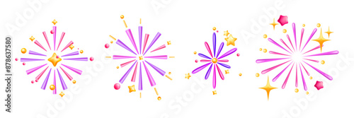 3D firework icon set, vector confetti New Year illustration, Christmas firecracker sparkle stars. Festive holiday rocket, fun colorful carnival explosion surprise clipart. Flying 3D birthday firework