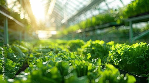 close up view of lush green lettuce plants growing in a greenhouse photo