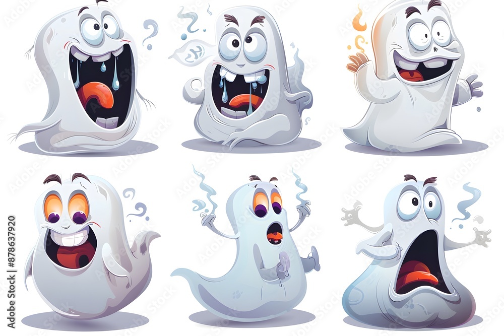 Obraz premium Playful cartoon ghosts expressing various emotions, from joy to surprise, over a white background.