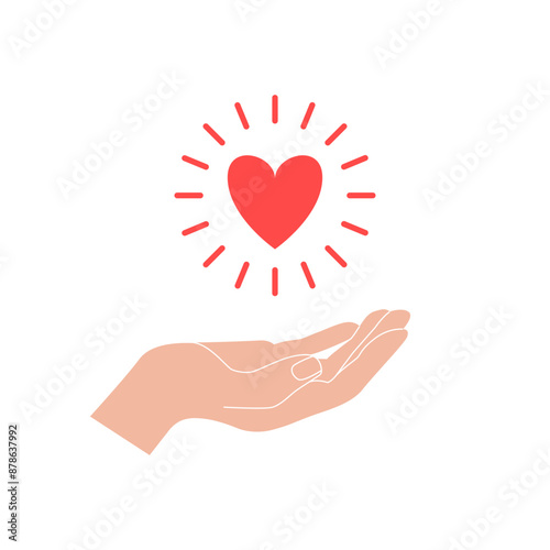 Two hands hold heart vector illustration. Care, protection, support, solidarity, donation concept, icon