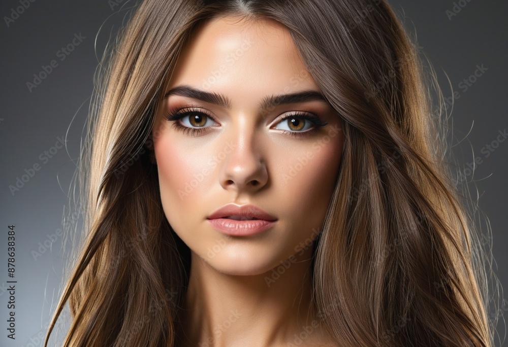 Fototapeta premium Beautiful adult female with brown hair in her 20s, glowing skin, and a natural profile, showcasing contrast and glamour in a luxurious hairdressing salon setting