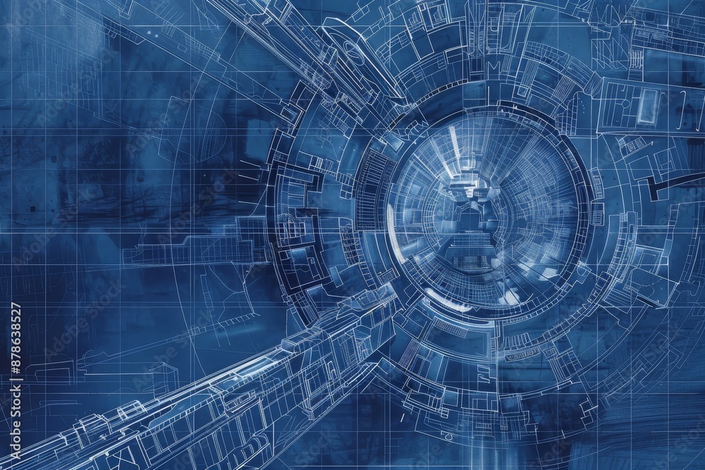 Detailed blueprint of a complex circular structure with mechanical components, Blueprint illustration of a complex mechanical structure Detailed blueprint of a complex circular structure with mechanical components, Blueprint illustration of a complex mechanical structure
