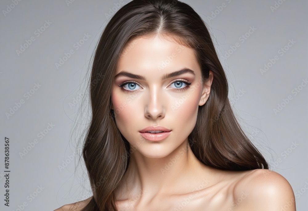 Beautiful brunette woman with a captivating smile and elegant eye makeup, showcasing her shiny, healthy hair and colourful lips in a clean and fresh portrait Beautiful brunette woman with a captivating smile and elegant eye makeup, showcasing her shiny, healthy hair and colourful lips in a clean and fresh portrait