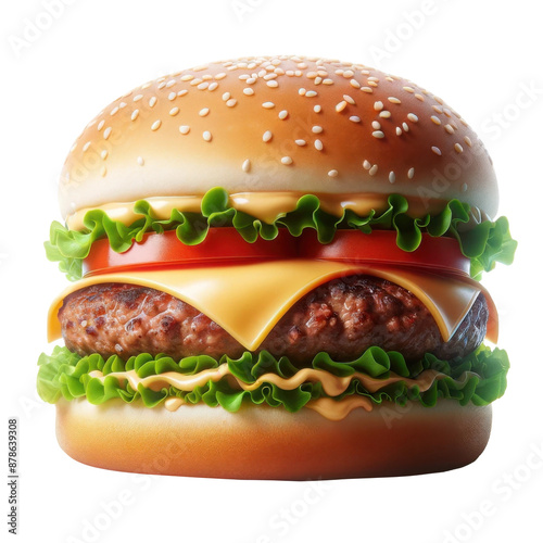 A classic burger featuring a juicy beef patty, melted cheese, fresh lettuce, and sliced tomatoes, crowned with a sesame-seed bun, isolated on a transparent background