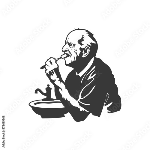 minimalist logo or symbol elderly man brushing his teeth black color only