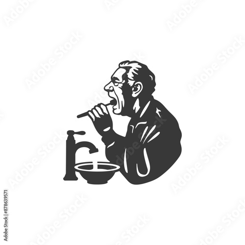minimalist logo or symbol elderly man brushing his teeth black color only