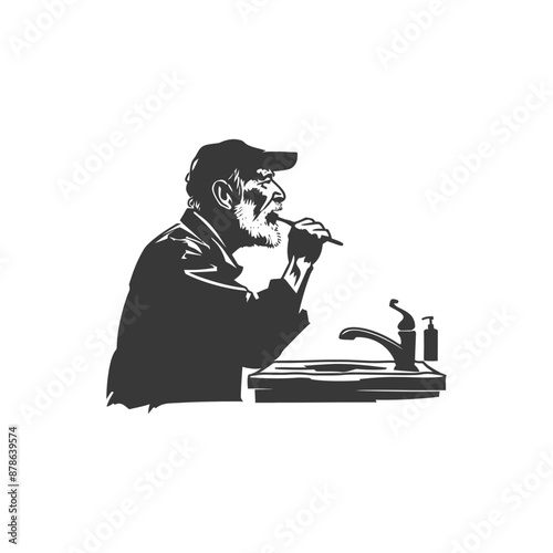 minimalist logo or symbol elderly man brushing his teeth black color only