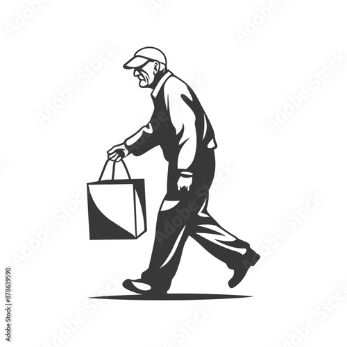 minimalist logo or symbol elderly man carry goods black color only
