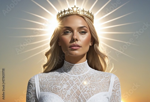 The Immaculate Bride adorned in white, crowned with the sun, symbolizing purity and spirituality in biblical prophecy photo