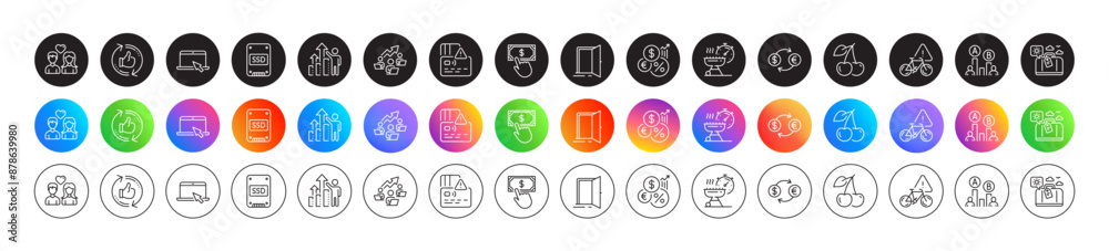 Ssd, Travel luggage and Employee results line icons. Round icon gradient buttons. Pack of Currency exchange, Payment click, Couple love icon. Vector