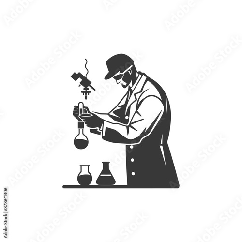 Vintage Scientist Conducting Experiment, Monochrome Illustration