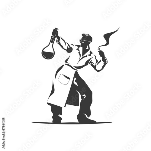 Triumphant Scientist: Vintage Monochrome Lab Illustration