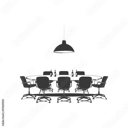 Monochromatic Illustration: Oval Conference Table with Pendant Light and Eight Chairs