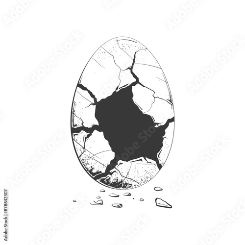 Cracked Egg Shell with Dark Interior, Hand-Drawn Sketch Illustration
