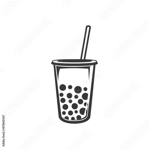 Monochromatic Illustration of Boba Tea in Disposable Cup with Straw