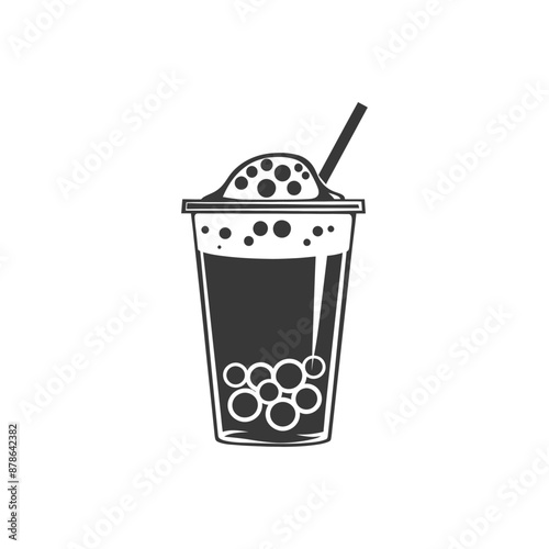 Vintage Style Boba Tea Illustration: Foamy Iced Drink in Plastic Cup