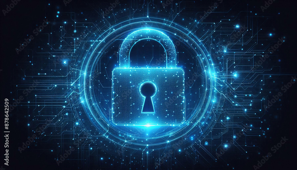 Digital illustration of a glowing blue padlock on a dark network background, symbolizing cybersecurity Digital illustration of a glowing blue padlock on a dark network background, symbolizing cybersecurity