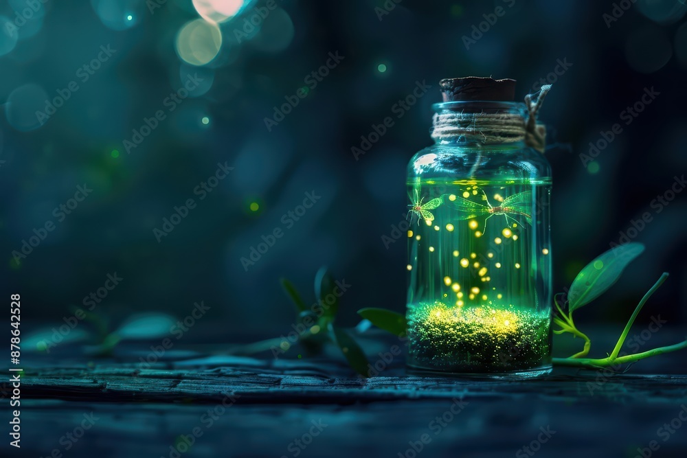 The strange alchemist brews magical elixirs that radiate summer energy, transforming the atmosphere with vibrant, floating fireflies, high tech, with copy space The strange alchemist brews magical elixirs that radiate summer energy, transforming the atmosphere with vibrant, floating fireflies, high tech, with copy space