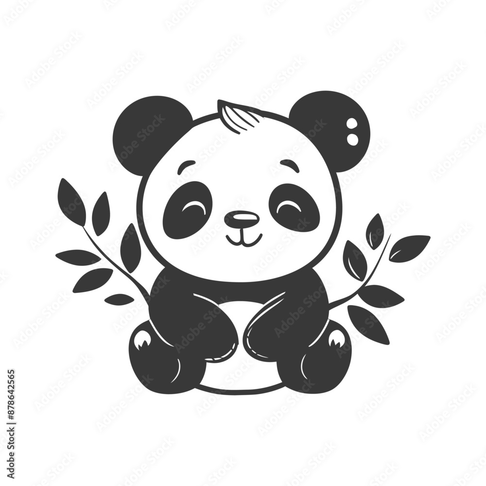 Obraz premium Adorable Monochrome Panda Cub with Twigs, Cute Cartoon Illustration