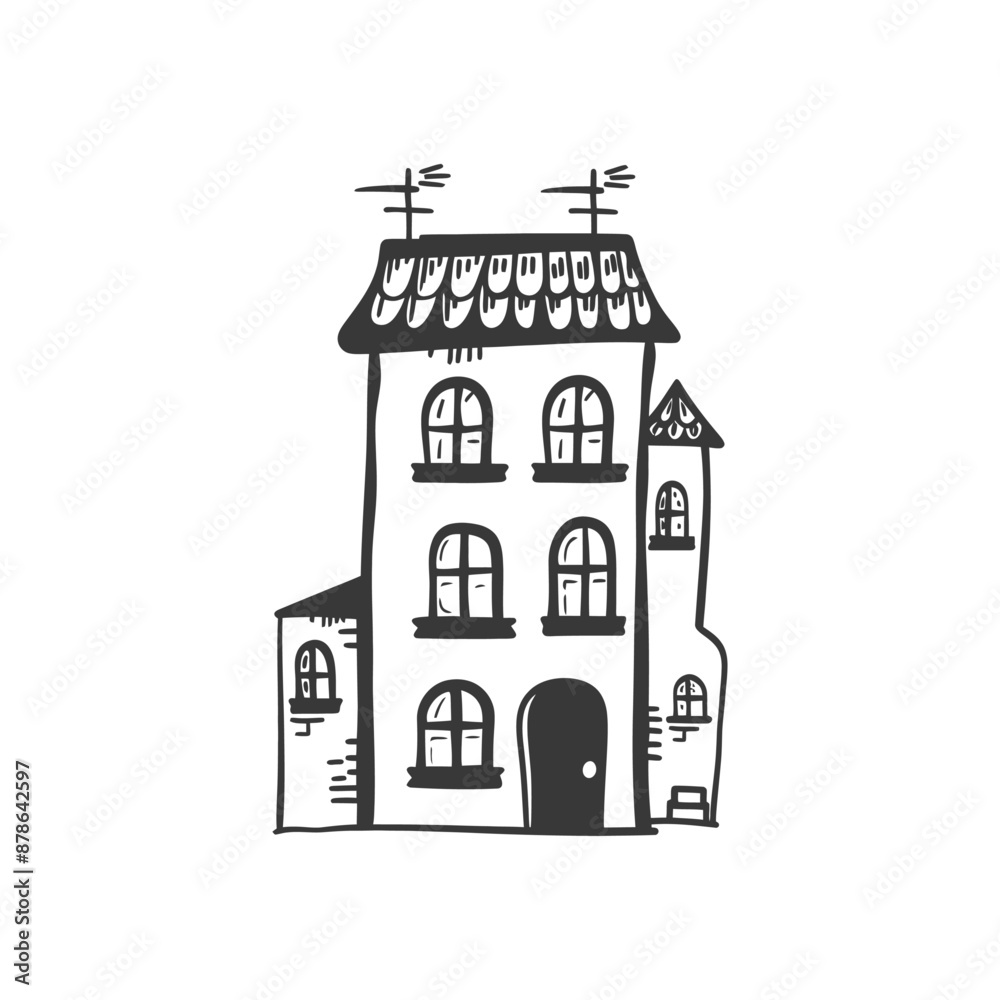 Fototapeta premium Whimsical Hand-Drawn Sketch of a Three-Story House with Tower