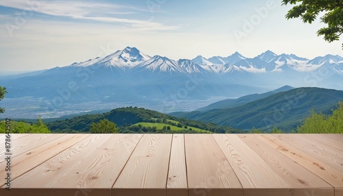 Spring-inspired natural landscape with empty wooden deck for your design