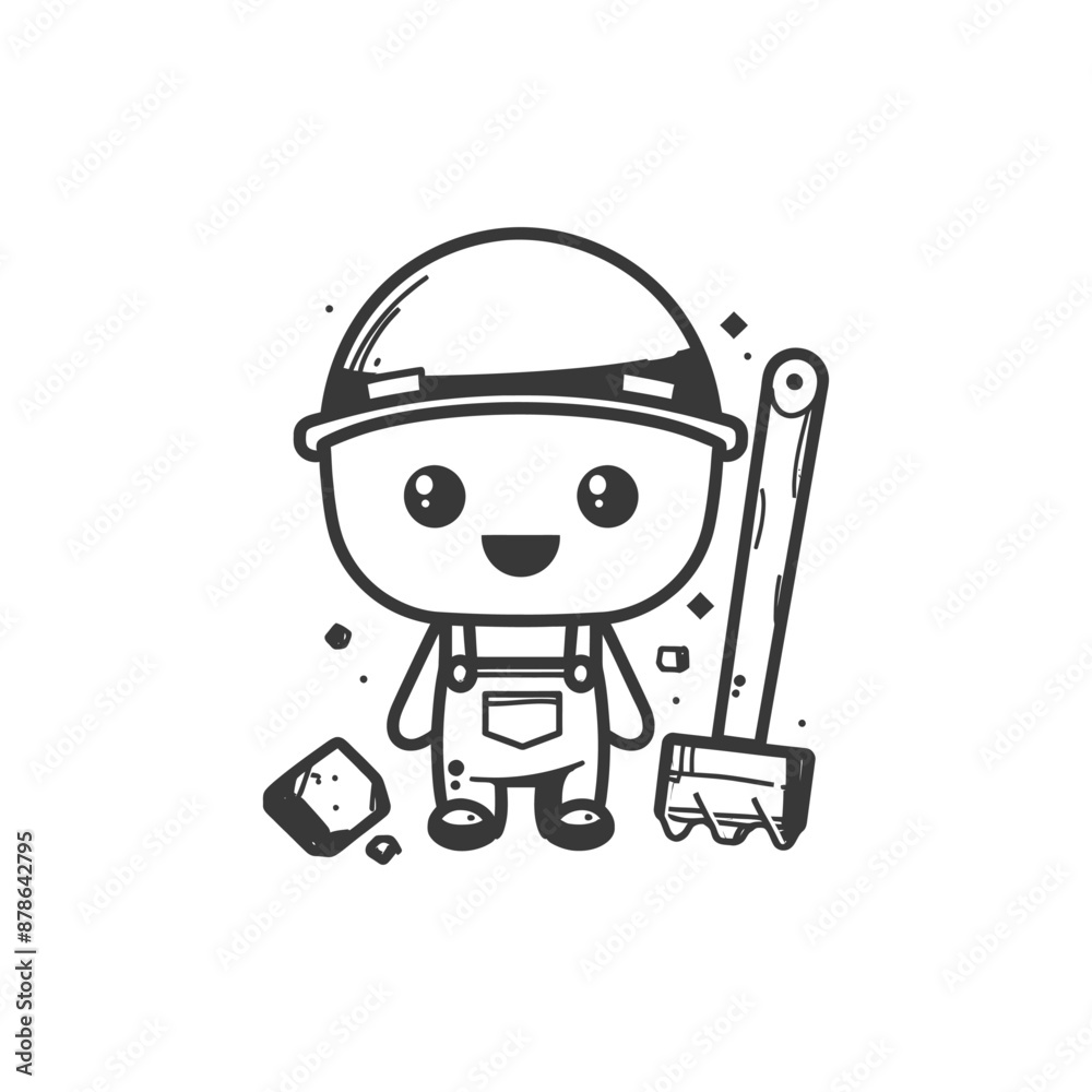 Fototapeta premium Cute Cartoon Construction Worker with Trowel and Blocks