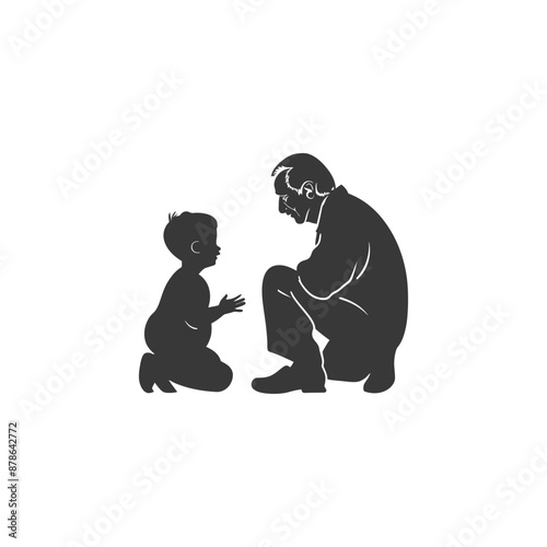 Grandfather and Grandchild Kneeling, Monochrome Silhouette Illustration