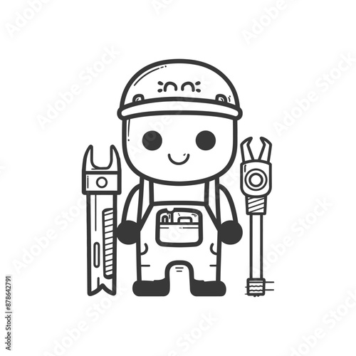 Cute Cartoon Mechanic with Wrench and Robotic Claw