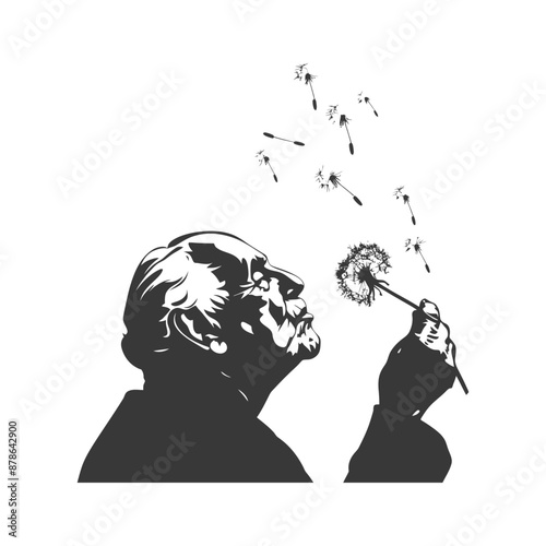 Silhouette of Elderly Man Blowing Dandelion Seeds, Monochrome Illustration