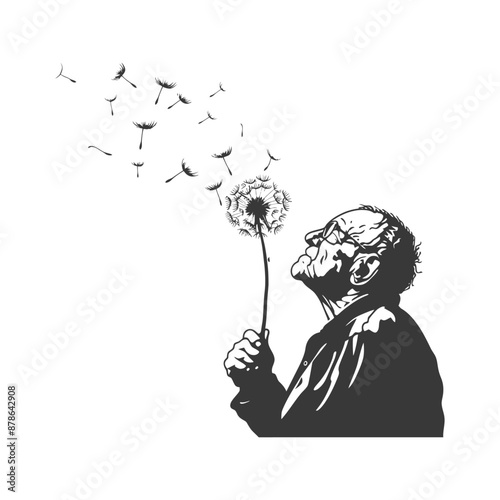 Elderly Man Blowing Dandelion Seeds: Monochrome Vector Illustration