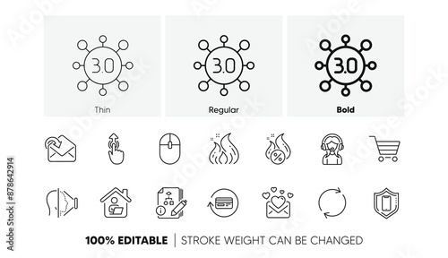 Love mail, Fire energy and Refund commission line icons. Pack of Web3, Smartphone protection, Market sale icon. Support, Computer mouse, Face id pictogram. Hot loan, Algorithm, Work home. Vector