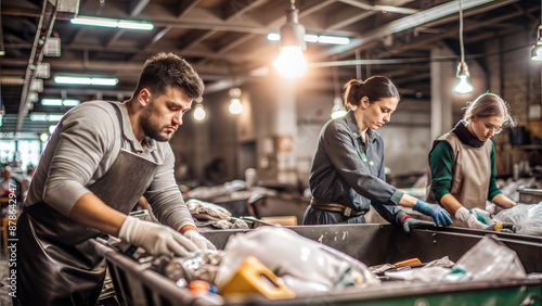 Three people are working in a factory, with one man wearing an apron