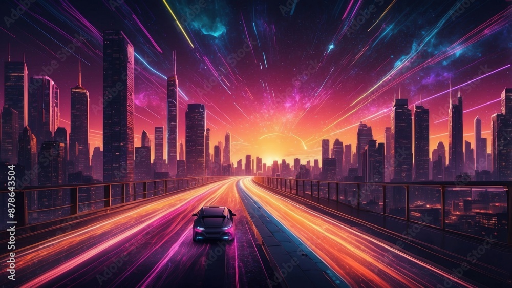 Illustration neon road, speedy car and cityscape Illustration neon road, speedy car and cityscape
