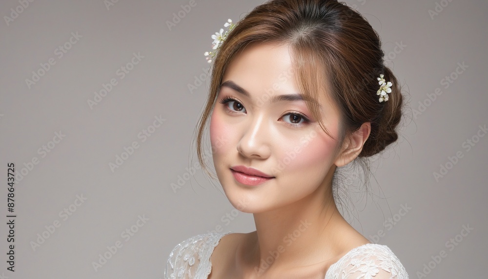 Japanese bride posing in a lovely wedding dress with a sweet smile and clean makeup, radiating beauty and love in the summer light Japanese bride posing in a lovely wedding dress with a sweet smile and clean makeup, radiating beauty and love in the summer light