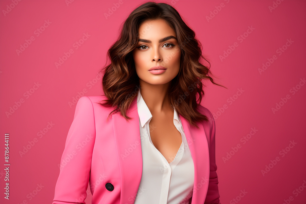 A professional-looking woman posing confidently in a bright pink blazer against a pink background A professional-looking woman posing confidently in a bright pink blazer against a pink background