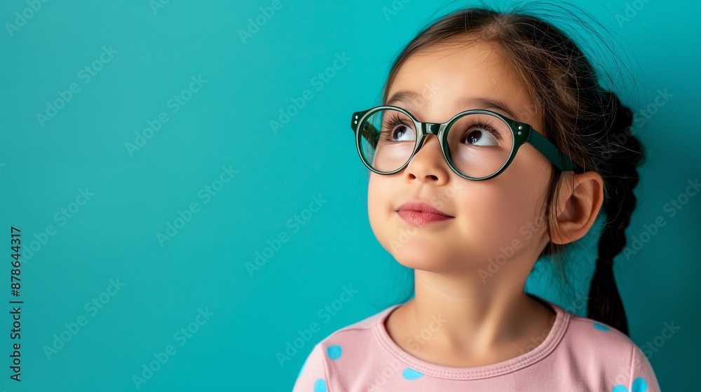 A young girl wearing glasses is looking up at the sky. Concept of curiosity and wonder, as the girl's gaze is directed towards the unknown. The blue background adds a calming