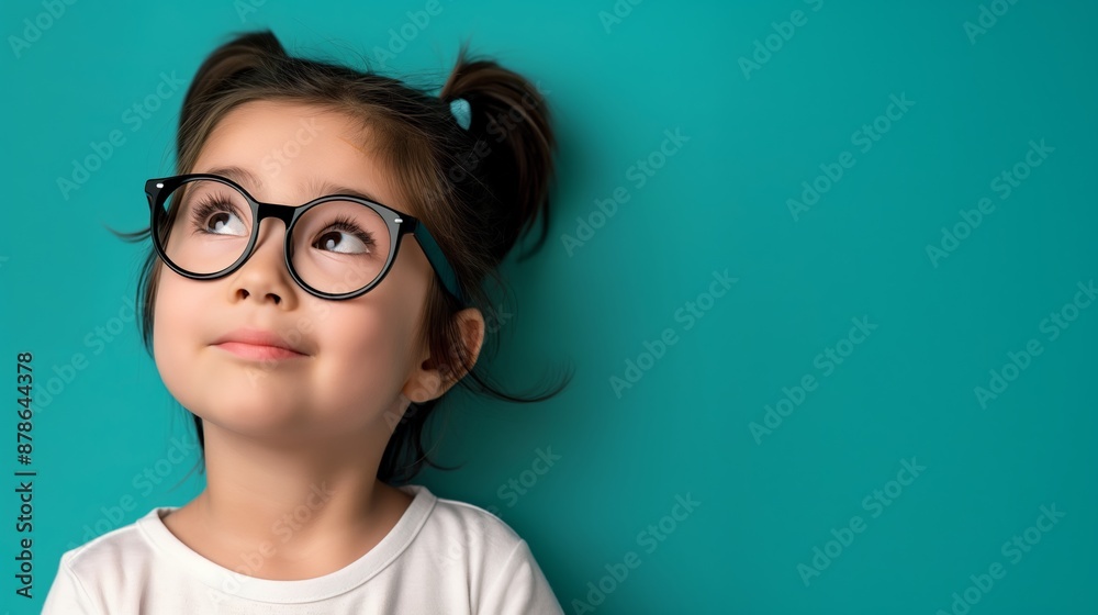 A young girl with glasses is looking up at the sky. She has a smile on her face, and her eyes are wide open, as if she is trying to take in everything around her. Concept of wonder and curiosity A young girl with glasses is looking up at the sky. She has a smile on her face, and her eyes are wide open, as if she is trying to take in everything around her. Concept of wonder and curiosity