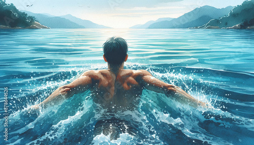 An illustration of a man swimming in the sea, back view, watercolor art style