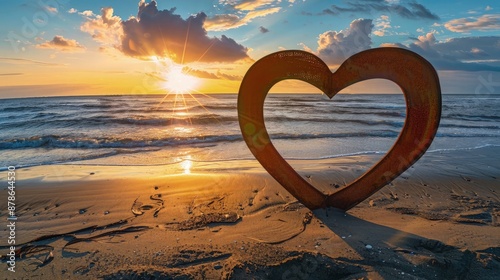 A heart-shaped frame on a beach at sunset, with sunrays casting a warm glow over the ocean, creating a peaceful and loving atmosphere.