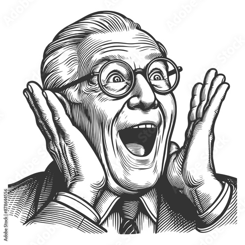 Happy surprised ecstatic elderly man with glasses, a wide smile, joy and surprise sketch engraving generative ai fictional character vector illustration. Scratch board imitation. Black and white image