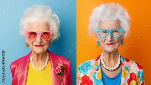 Two women in glasses and colorful clothing pose for a photo. Scene is lighthearted and fun, as the women are dressed in bright colors and wearing sunglasses © Nataliia_Trushchenko