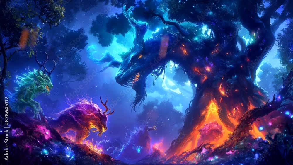 Enchanted forest with glowing animals under magical blue light. Fantasy wildlife concept Enchanted forest with glowing animals under magical blue light. Fantasy wildlife concept