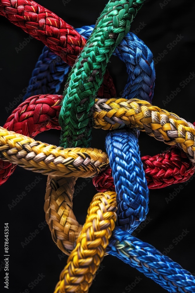 Close-up shot of a bundle of colorful ropes with varying textures and patterns Close-up shot of a bundle of colorful ropes with varying textures and patterns