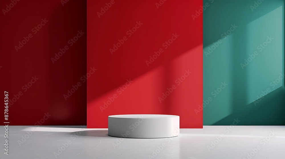 A minimalist round podium in the center of an empty room with red and green walls. The podium is made from soft, matte materials like wood or fabric, creating a smooth surface. It's illuminated by A minimalist round podium in the center of an empty room with red and green walls. The podium is made from soft, matte materials like wood or fabric, creating a smooth surface. It's illuminated by